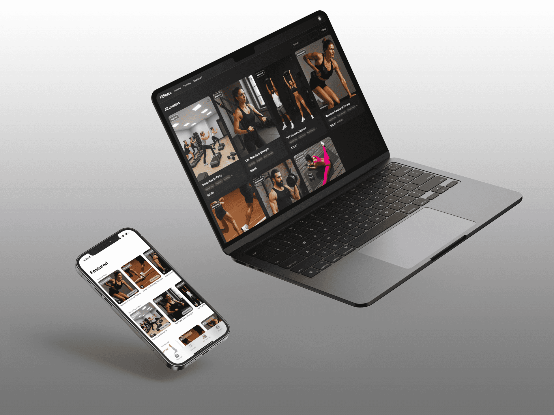 FitSpace app interface on phone and desktop