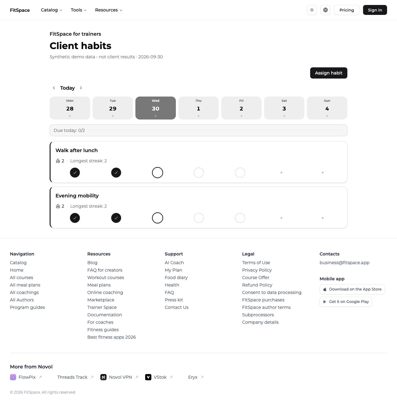 FitSpace scheduled habits and streaks on synthetic demo data