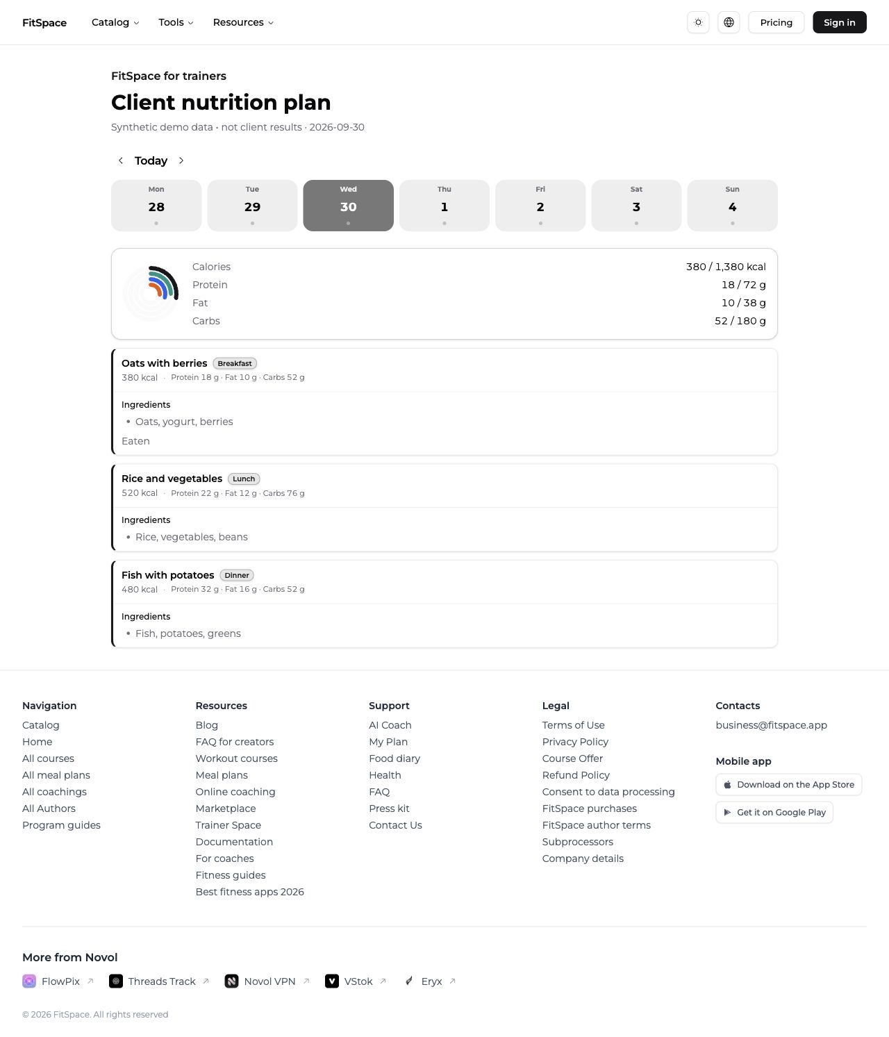 FitSpace client meal plan with demonstration meal logs