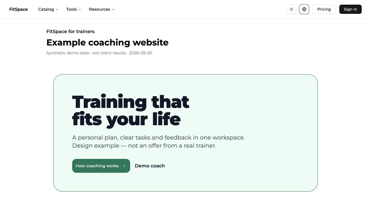 Branded FitSpace coaching page using the actual renderer on synthetic data