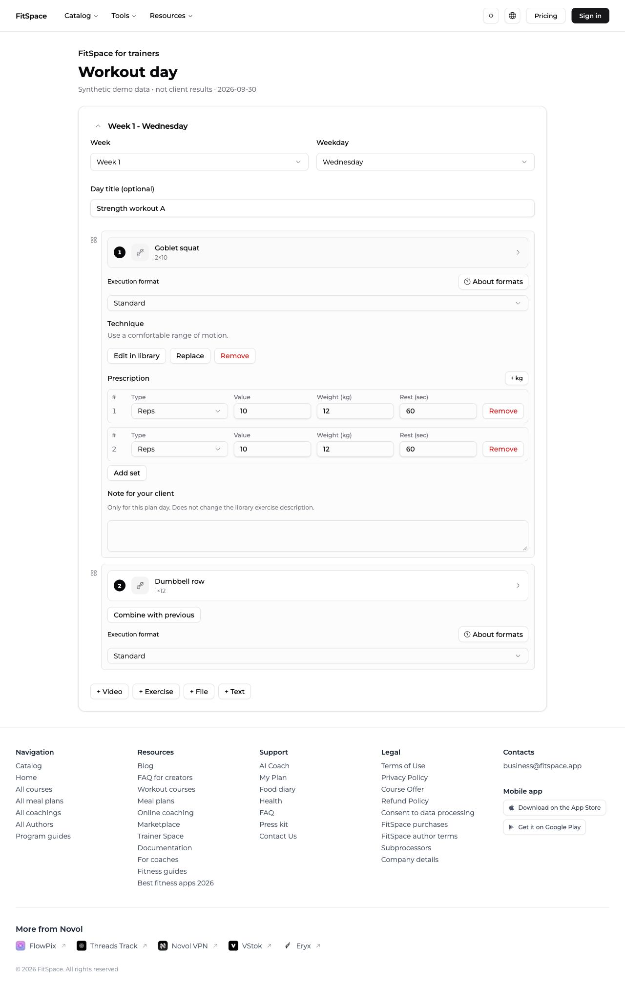 FitSpace workout builder with synthetic exercise prescriptions